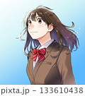 空の透き通った青い背景に上を見上げる女学生のイラスト【茶色ブレザー、リボン】 空の透き通った青い背景に上を見上げる女学生のイラスト【茶色ブレザー、リボン】 133610438