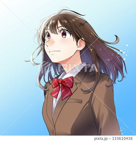 空の透き通った青い背景に上を見上げる女学生のイラスト【茶色ブレザー、リボン】 133610438