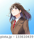 空の透き通った青い背景に上を見上げる女学生のイラスト【茶色ブレザー、ネクタイ】 空の透き通った青い背景に上を見上げる女学生のイラスト【茶色ブレザー、ネクタイ】 133610439