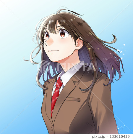 空の透き通った青い背景に上を見上げる女学生のイラスト【茶色ブレザー、ネクタイ】 空の透き通った青い背景に上を見上げる女学生のイラスト【茶色ブレザー、ネクタイ】 133610439