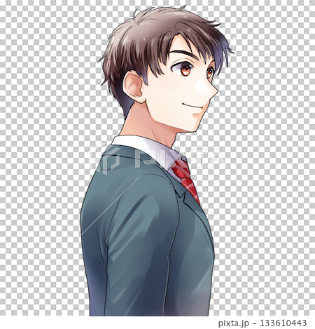 圖：一名男性學生、求職者或上班族，面向右側，從後方斜對角拍攝（綠色夾克，無背景） 133610443