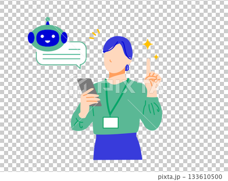 Illustration of a businesswoman working in a company solving problems using artificial intelligence on her smartphone. Flat design 133610500