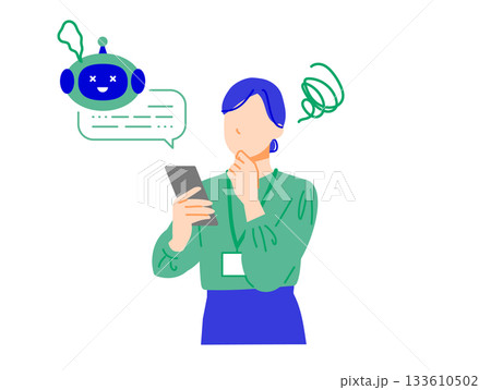 企業で働くビジネスウーマンがスマホの人工知能の不具合で困った表情のイラスト。フラットデザイン 企業で働くビジネスウーマンがスマホの人工知能の不具合で困った表情のイラスト。フラットデザイン 133610502
