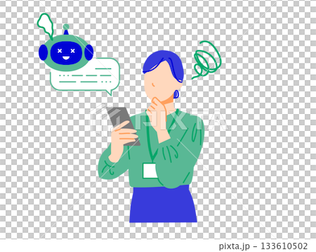 企業で働くビジネスウーマンがスマホの人工知能の不具合で困った表情のイラスト。フラットデザイン 企業で働くビジネスウーマンがスマホの人工知能の不具合で困った表情のイラスト。フラットデザイン 133610502