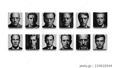 世界の男性のレトロなモノクロピンバッジコレクション 133610544