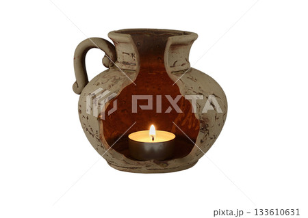 A beautifully rustic ceramic lantern with an open, broken-jug design A beautifully rustic ceramic lantern with an open, broken-jug design 133610631