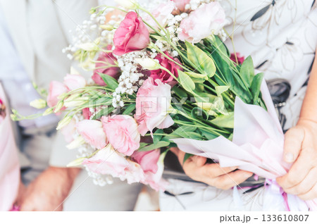 Pink Bridal Bouquet Held in Hands in Latvia 133610807