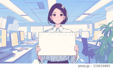 ビジネスシーンを彩る笑顔と伝える力のある構図イラスト｜清潔感のある女性とオフィス背景が魅力の提案資料 133610865