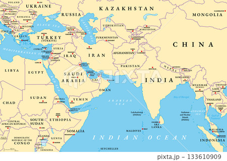 West Asia and South Asia, political map with countries, their international borders and capitals. Western or Southwest Asia, with the Middle East, and South Asia, with the Indian subcontinent. Vector 133610909