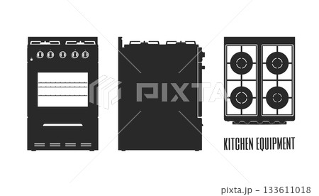 Black silhouette of kitchen stove. Front, side and top views. Electric oven blueprint. Domestic gas equipment template. Cooking appliance drawing 133611018