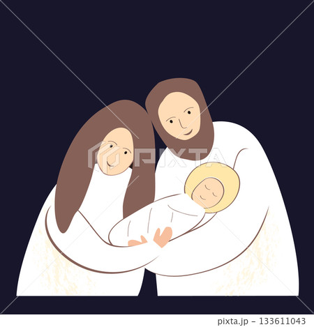 Christmas nativity scene of baby Jesus, Mary and Joseph. Hand drawn stylized bible illustration clipart isolated. Cartoon vector illustration in Scandinavian style. Christmas nativity scene of baby Jesus, Mary and Joseph. Hand drawn stylized bible illustration clipart isolated. Cartoon vector illustration in Scandinavian style. 133611043