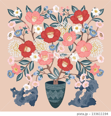 Korean January Flowers in a Vase Camellia, Plum Blossom, Narcissus Vector Illustration Korean January Flowers in a Vase Camellia, Plum Blossom, Narcissus Vector Illustration 133611194