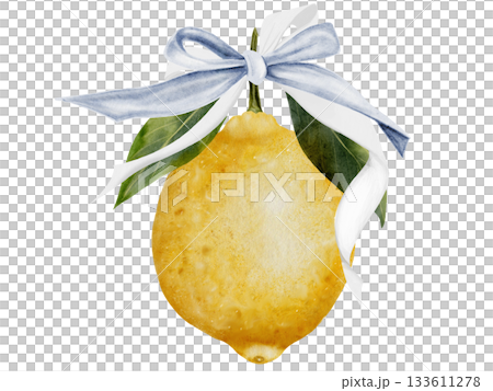 Lemon with ribbon bow watercolor. Hand drawn tropical sour fruit. Clip art of juicy yellow lime. Citrus on isolated white background. Ideal for logo and packaging of natural cosmetics, household 133611278