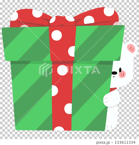 White Bear Hugging A Green Gift Box - No Line 133611334