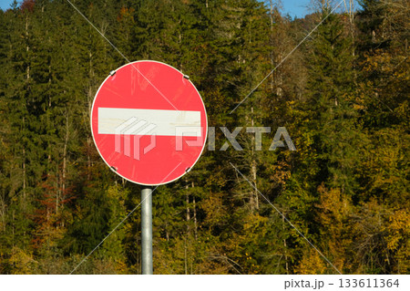 Do Not Enter Road Sign Against a Natural Forest Background, No Entry 133611364