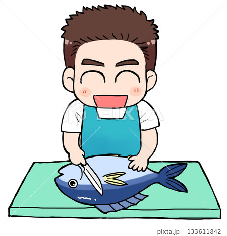 魚をさばく男性 笑顔 魚をさばく男性 笑顔 133611842