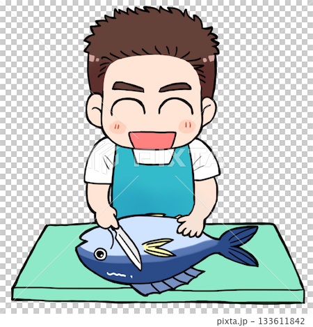 魚をさばく男性 笑顔 魚をさばく男性 笑顔 133611842