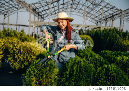Sharp professional scissors for cutting. Young redhead woman is taking care of garden Sharp professional scissors for cutting. Young redhead woman is taking care of garden 133611908