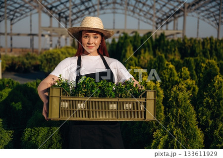 Bunch of plants in a plastic box. Young redhead woman is taking care of garden Bunch of plants in a plastic box. Young redhead woman is taking care of garden 133611929