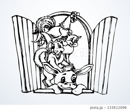 Vector drawing. Donkey, dog, cat and rooster. 133612096