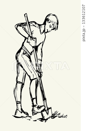 Vector drawing. A gardener dig a soil Vector drawing. A gardener dig a soil 133612107