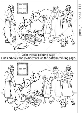 Vector coloring page. The shepherds come to the newborn Jesus. 133612111