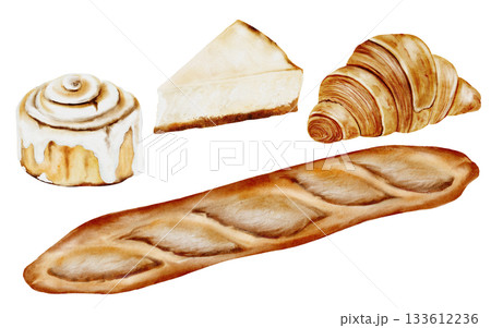 Watercolor baking set. A loaf, a Cinnamon Roll, croissant and cheesecake. French pastry. Food clip art. Perfect for bakeries and pastry shops. Watercolor baking set. A loaf, a Cinnamon Roll, croissant and cheesecake. French pastry. Food clip art. Perfect for bakeries and pastry shops. 133612236