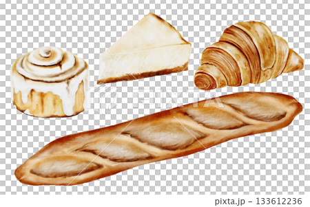 Watercolor baking set. A loaf, a Cinnamon Roll, croissant and cheesecake. French pastry. Food clip art. Perfect for bakeries and pastry shops. Watercolor baking set. A loaf, a Cinnamon Roll, croissant and cheesecake. French pastry. Food clip art. Perfect for bakeries and pastry shops. 133612236