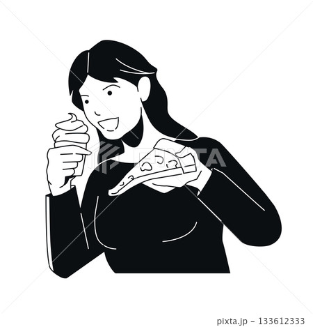 Pizza and Ice Cream - Black and White Flat Design Illustration 133612333