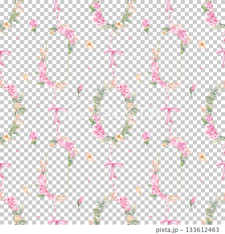 Floral wreath seamless pattern with rose, freesia flower in delicate pastel color, connected with ribbon and pink bow. Watercolor spring frame, template with blossom. Isolated illustration, packaging Floral wreath seamless pattern with rose, freesia flower in delicate pastel color, connected with ribbon and pink bow. Watercolor spring frame, template with blossom. Isolated illustration, packaging 133612463