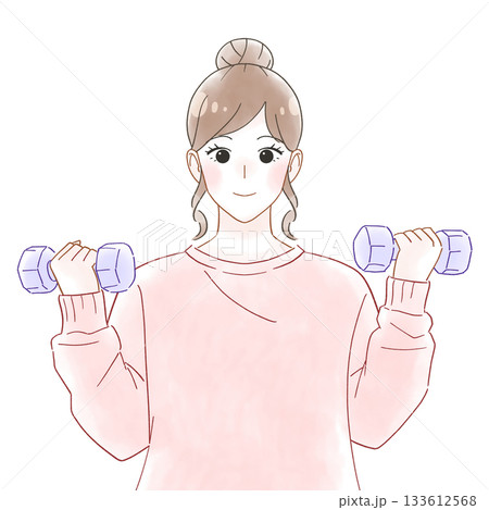 ダンベルを持つ女性　水彩風イラスト 133612568
