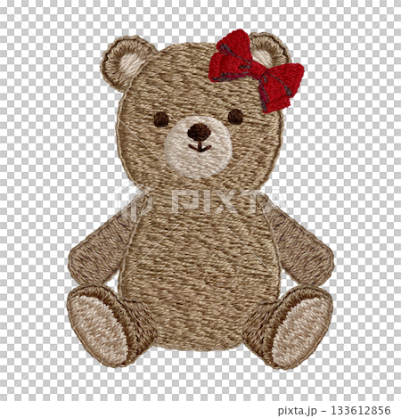 [Ribbon Teddy Bear] Hand-embroidered illustration material 133612856