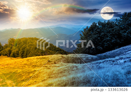 beautiful mountain landscape with beech trees on rolling hills. day and night time change concept. scenic view of alpine countryside scenery with sun and moon at twilight. equality and shift template beautiful mountain landscape with beech trees on rolling hills. day and night time change concept. scenic view of alpine countryside scenery with sun and moon at twilight. equality and shift template 133613026