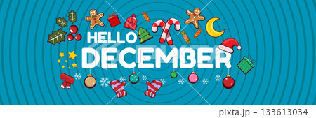 Hello December banner design template with santa hat, christmas tree, candy, hat, mittens, stars, gifts, balls, moon, gingerbread man, cookies. Hello December blue sticker on blue abstract background 133613034