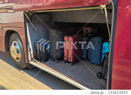 Luggage for travel in the bus luggage compartment. Traveling with the whole family. Bus trips with luggage. 133613053