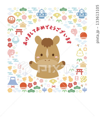 午年の馬と正月の和風フレーム 2026年の年賀状テンプレート02 133613105