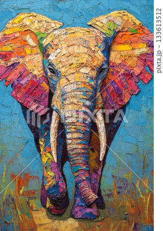 カラフルな象の油絵アート／厚塗りテクスチャで描かれた鮮やかな動物イラスト 133613512