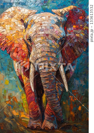 色彩豊かな象の油絵風アート／厚塗りテクスチャで描かれたカラフルな
