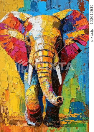 カラフルな油絵風の象アート／鮮やかな厚塗りテクスチャの抽象イラスト 133613639