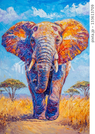 カラフルな油絵風のサバンナ象アート/鮮やかな厚塗りテクスチャの動物イラスト カラフルな油絵風のサバンナ象アート/鮮やかな厚塗りテクスチャの動物イラスト 133613709