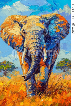 カラフルな厚塗り油絵風のサバンナ象アート|鮮やかな色彩と迫力の動物イラスト カラフルな厚塗り油絵風のサバンナ象アート|鮮やかな色彩と迫力の動物イラスト 133613731