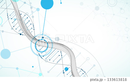 Abstract image of DNA molecule on wireframe wave. Scientific vector background. 133613818