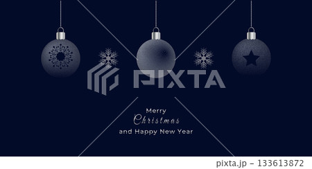 Merry Christmas and Happy New Year banner. Christmas balls, snowflakes spot textured on blue background. Vector illustration Merry Christmas and Happy New Year banner. Christmas balls, snowflakes spot textured on blue background. Vector illustration 133613872