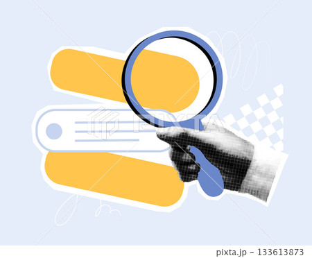 A hand with a magnifying glass and lines of text. A modern vector halftone collage. A search and analysis concept for business, finance, and startups. 133613873