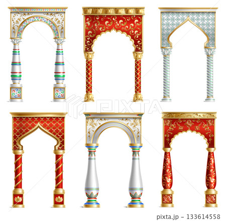 Colorful traditional arch and pillar elements on white background realistic Colorful traditional arch and pillar elements on white background realistic 133614558