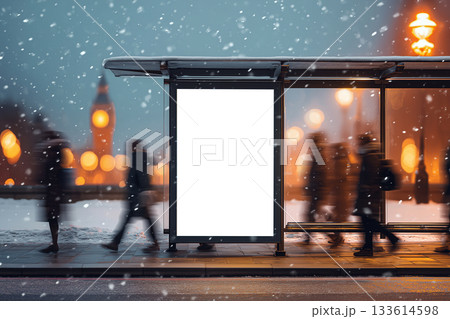 London winter banner mockup with holiday lights and snow. 133614598