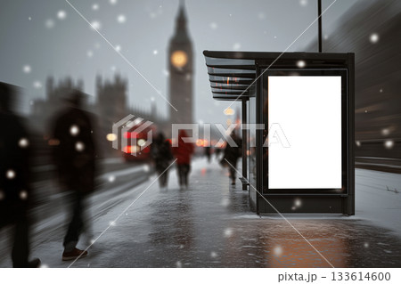 London winter banner mockup with holiday lights and snow. 133614600