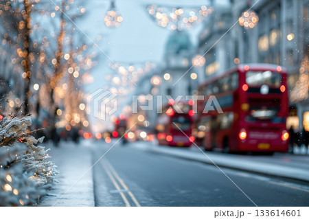 Winter evening street scene with festive lights and red buses on a busy road Winter evening street scene with festive lights and red buses on a busy road 133614601