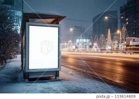 Snowy bus stop banner with festive city lights and gentle winter motion blur Snowy bus stop banner with festive city lights and gentle winter motion blur 133614609