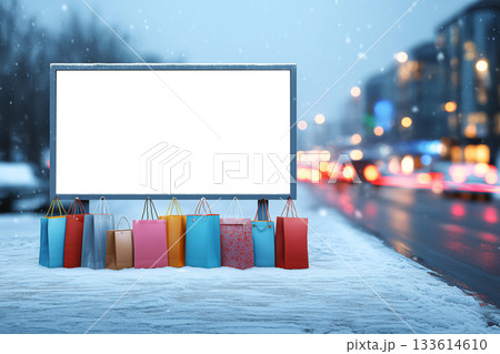 Winter shopping-season banner mockup with blurred traffic and festive bags. Winter shopping-season banner mockup with blurred traffic and festive bags. 133614610